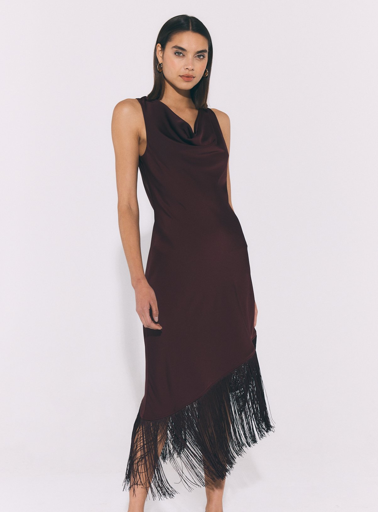 Dark Purple Satin Fringe Midi Dress 8 - Image 1 thumbnail